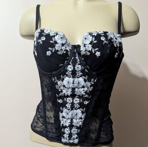 Felina Lingerie Boned Corset Embroidered Size 34B Black Lace Floral
